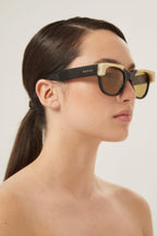 Squared black and ivory acetate sunglasses – the square shape is made unique thanks to the bold eyebrow that are so visible – LUX VERSE Luxury Designer Fashion Outlet