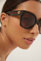 Squared havana sunglasses with web temple – lettering logo on temples – LUX VERSE Luxury Designer Fashion Outlet