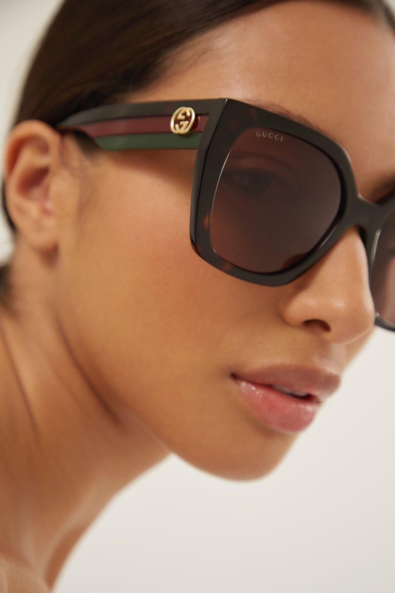 Squared havana sunglasses with web temple – lettering logo on temples – LUX VERSE Luxury Designer Fashion Outlet