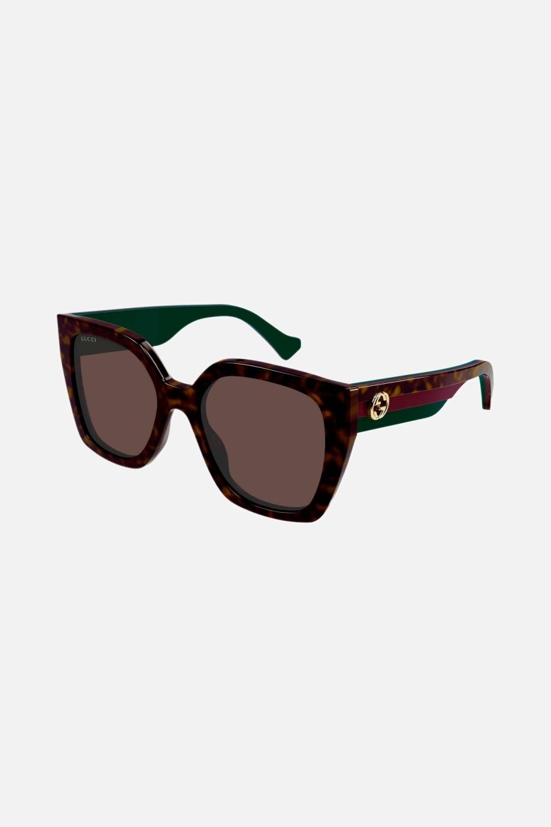 Squared havana sunglasses with web temple – lettering logo on temples – LUX VERSE Luxury Designer Fashion Outlet