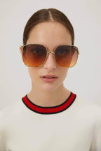 Squared metal gold brown classic sunglasses with horsebit detail – for the first time, the iconic Horsebit, is interpreted in the Eyewear – LUX VERSE Luxury Designer Fashion Outlet
