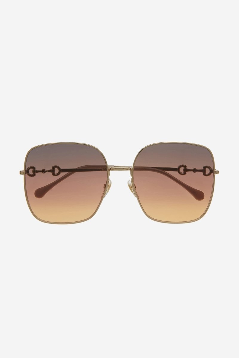 Squared metal gold brown classic sunglasses with horsebit detail – this oversize round shape with a vintage inspiration is embellished by the Horsebit – LUX VERSE Luxury Designer Fashion Outlet