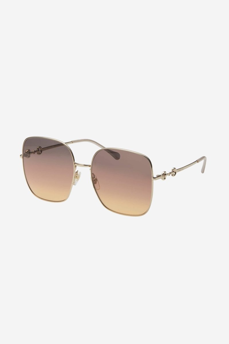 Squared metal gold brown classic sunglasses with horsebit detail – for the first time, the iconic Horsebit, is interpreted in the Eyewear – LUX VERSE Luxury Designer Fashion Outlet