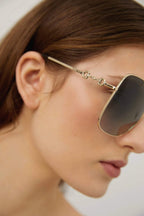 Squared metal gold grey classic sunglasses with horsebit detail – temples are embellished by the Horsebit detail and paired with a discreet – LUX VERSE Luxury Designer Fashion Outlet