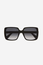 Squared oversized femenine black sunglasses – the interlocking logo on temples framed by two gold-coloured bars – LUX VERSE Luxury Designer Fashion Outlet