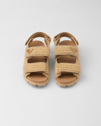 Crochet sandals – upper with enameled metal triangle logo Rubber sole, 20 mm Lug tread Imported – LUX VERSE Luxury Designer Fashion Outlet