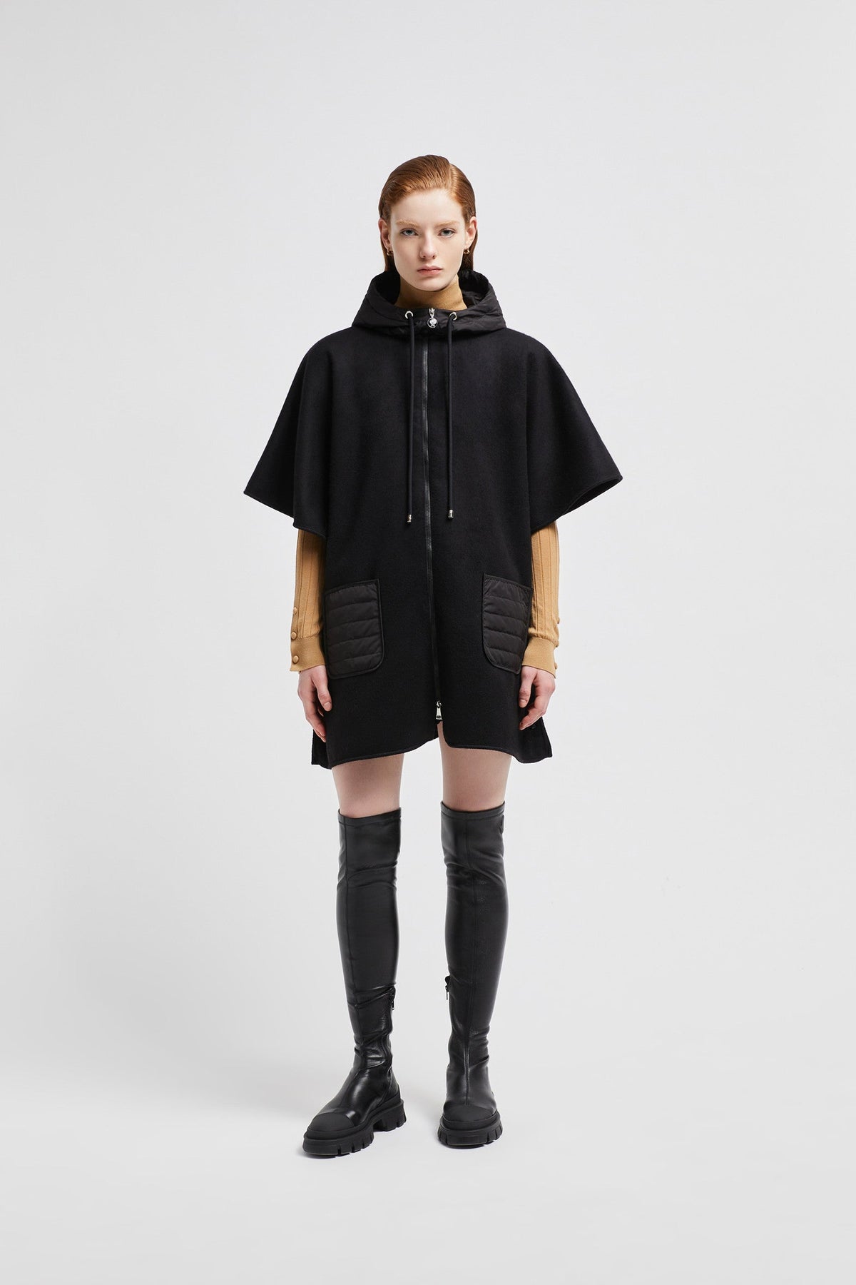 Hooded Down Cape – crafted from wool cloth Nylon hood and pocket Down-filled Zipper closure – LUX VERSE Luxury Designer Fashion Outlet