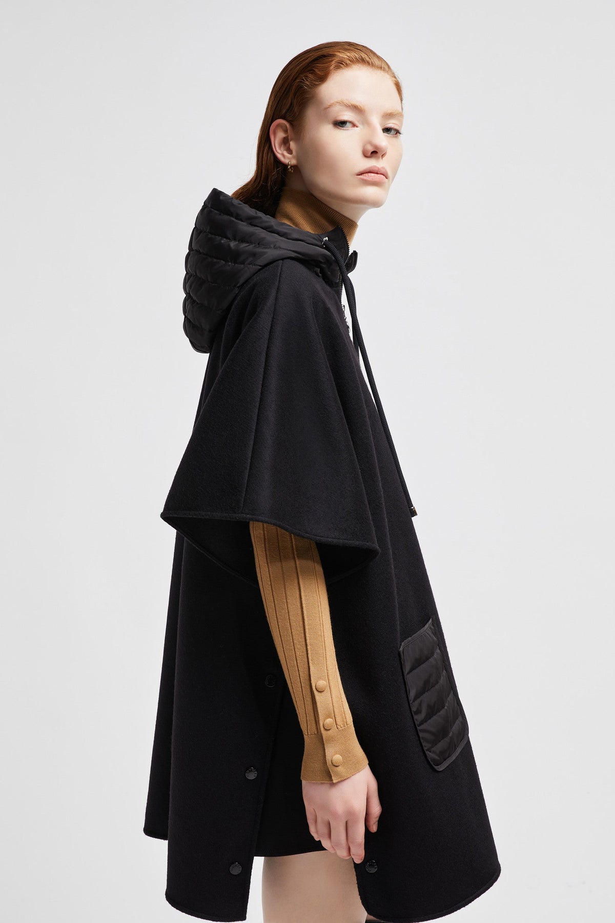 Hooded Down Cape – this cape is crafted from soft wool cloth – LUX VERSE Luxury Designer Fashion Outlet