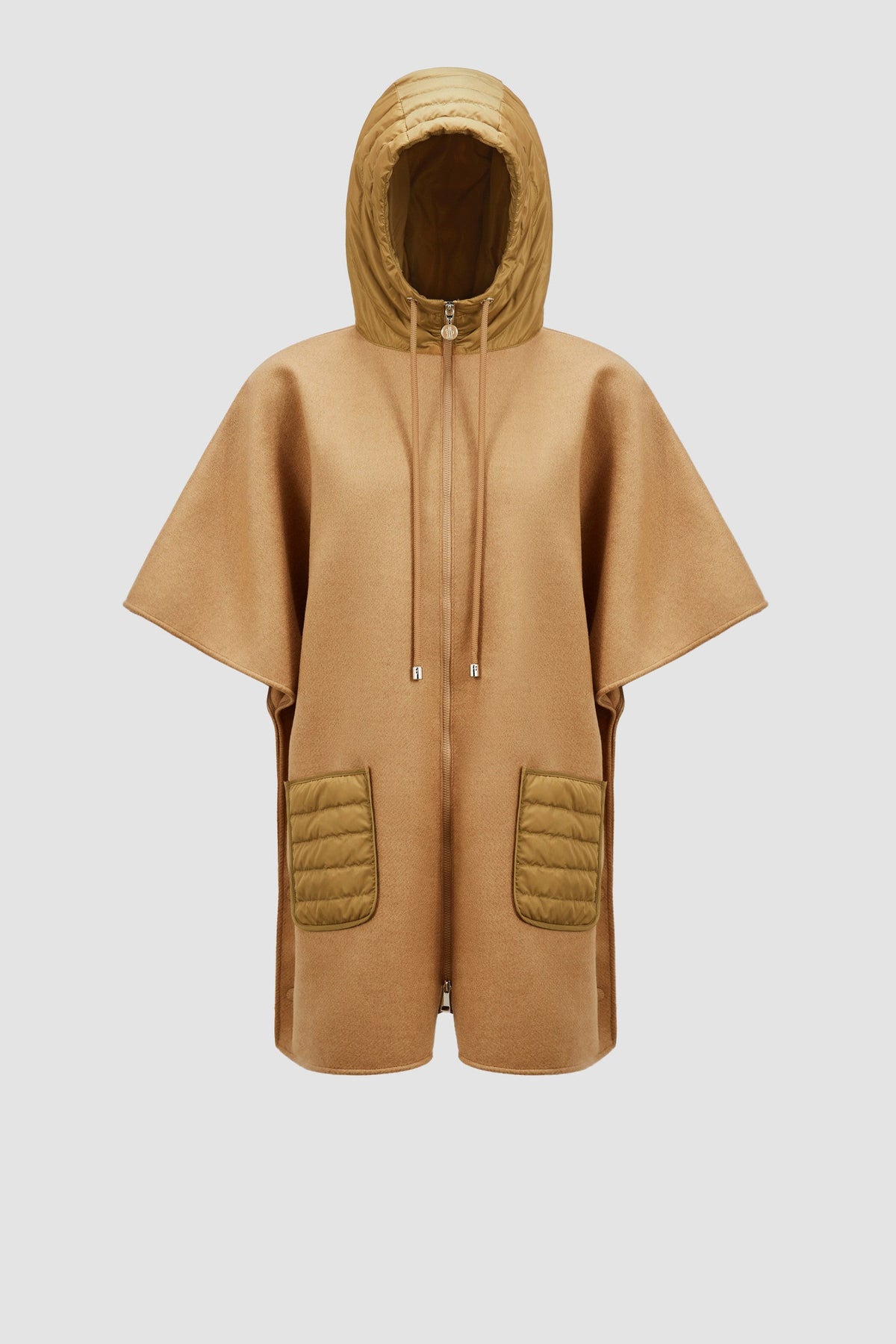 Hooded Down Cape – crafted from wool cloth Nylon hood and pocket Down-filled Zipper closure – LUX VERSE Luxury Designer Fashion Outlet