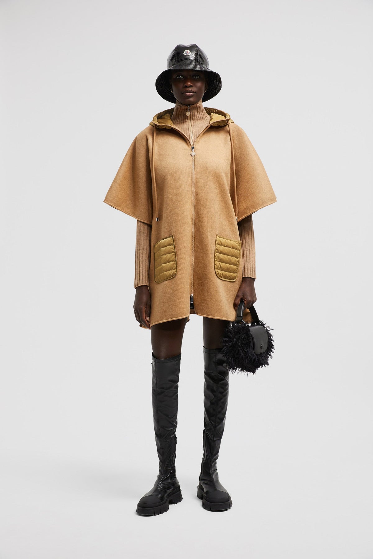 Hooded Down Cape – crafted from wool cloth Nylon hood and pocket Down-filled Zipper closure – LUX VERSE Luxury Designer Fashion Outlet