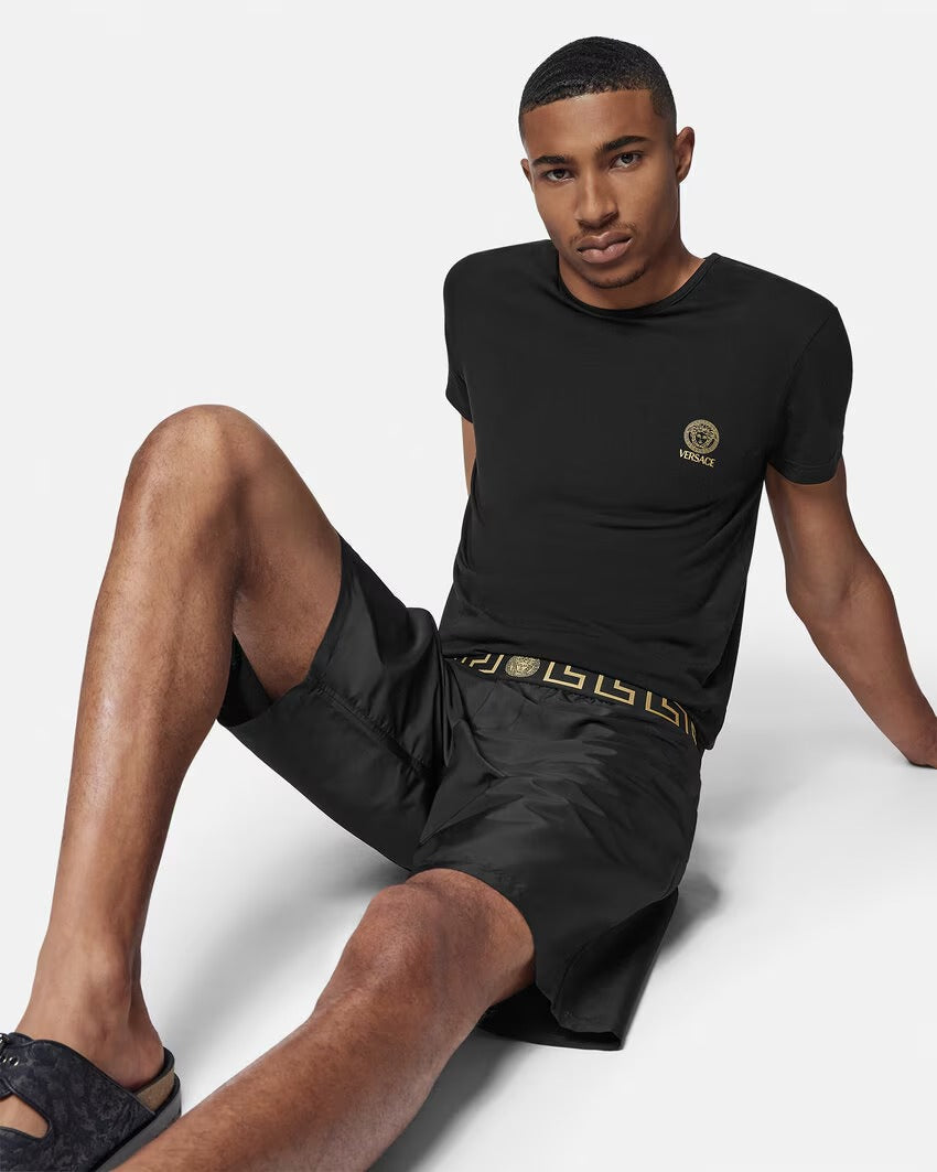 Greca Border Mid Boardshorts – medusa motif Greca border Elastic waistband Side pockets Outer composition: 100% – LUX VERSE Luxury Designer Fashion Outlet