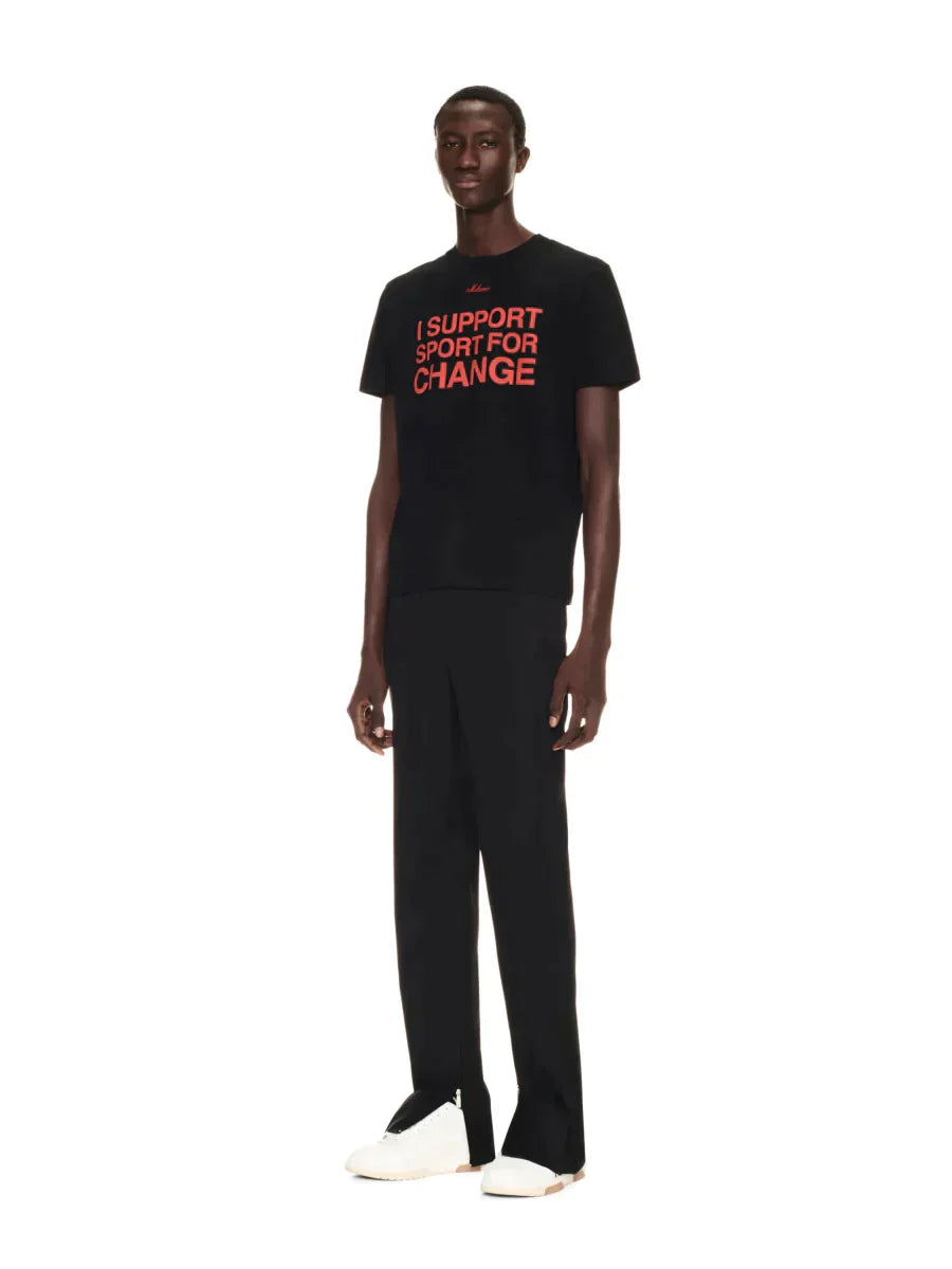 I Support Sport For Change” T-Shirt – red "I SUPPORT SPORT FOR CHANGE" script at front – LUX VERSE Luxury Designer Fashion Outlet