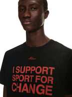 I Support Sport For Change” T-Shirt – black short sleeves t-shirt featuring tonal logo and red Milano script at – LUX VERSE Luxury Designer Fashion Outlet