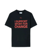 I Support Sport For Change” T-Shirt – black short sleeves t-shirt featuring tonal logo and red Milano script at – LUX VERSE Luxury Designer Fashion Outlet