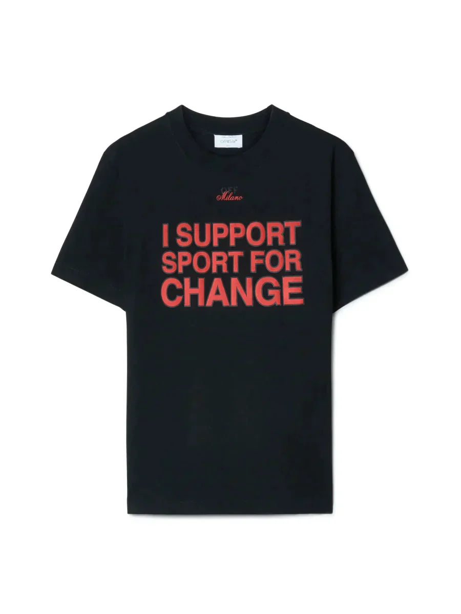I Support Sport For Change” T-Shirt – black short sleeves t-shirt featuring tonal logo and red Milano script at – LUX VERSE Luxury Designer Fashion Outlet