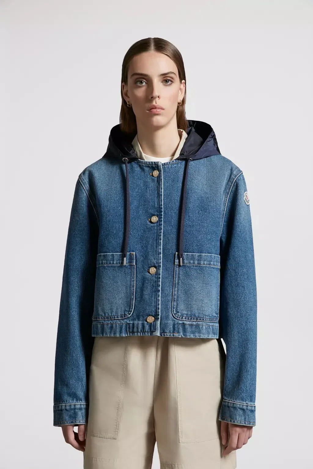 Lampusa Denim Jacket – the collarless jacket boasts button closure and practical patch pockets – LUX VERSE Luxury Designer Fashion Outlet