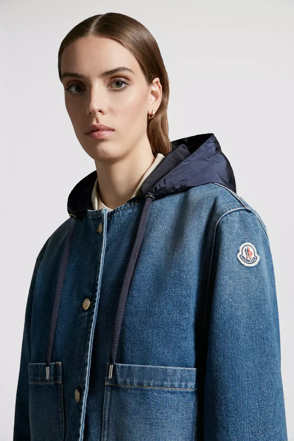 Lampusa Denim Jacket – crafted from denim Detachable hood with nylon technique lining Button closure Patch – LUX VERSE Luxury Designer Fashion Outlet