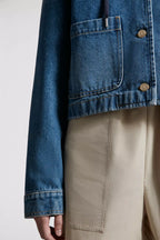 Lampusa Denim Jacket – the collarless jacket boasts button closure and practical patch pockets – LUX VERSE Luxury Designer Fashion Outlet
