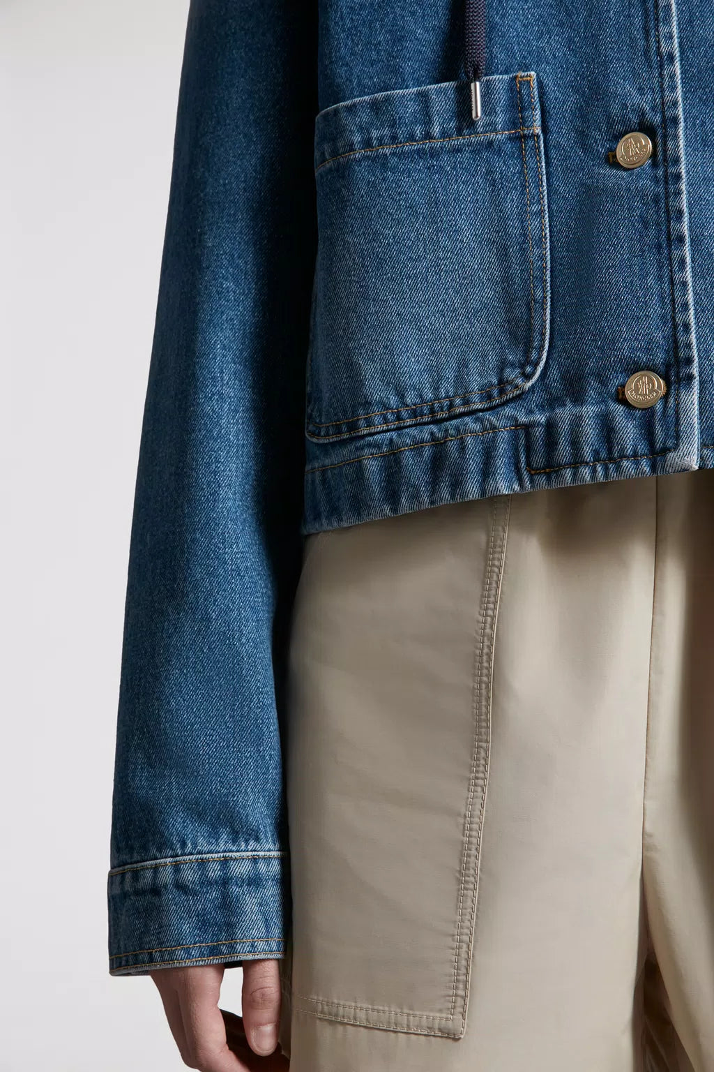 Lampusa Denim Jacket – the collarless jacket boasts button closure and practical patch pockets – LUX VERSE Luxury Designer Fashion Outlet