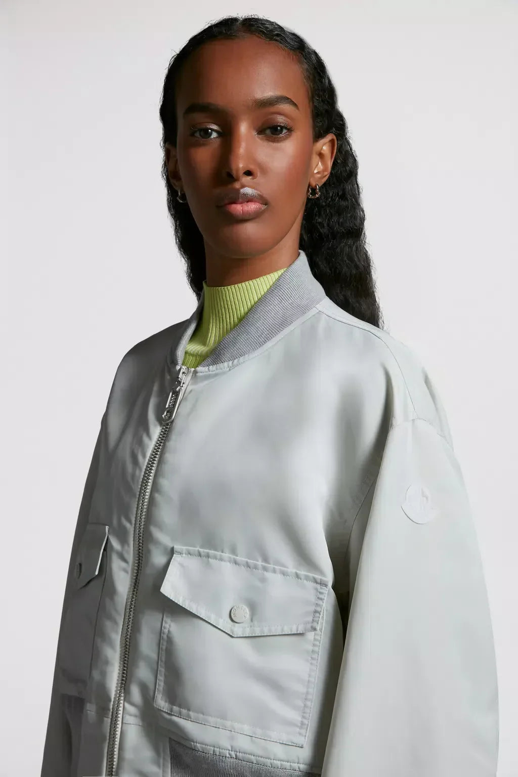 Briseo Satin Bomber Jacket – a curved silhouette is contrasted with an elastic belt that cinches the waist – LUX VERSE Luxury Designer Fashion Outlet