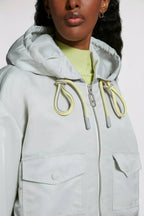 Briseo Satin Bomber Jacket – a curved silhouette is contrasted with an elastic belt that cinches the waist – LUX VERSE Luxury Designer Fashion Outlet