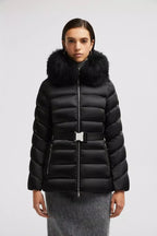 Cupidone Short Down Jacket – crafted from nylon satin Nylon lining Down-filled Hood with detachable long-haired – LUX VERSE Luxury Designer Fashion Outlet