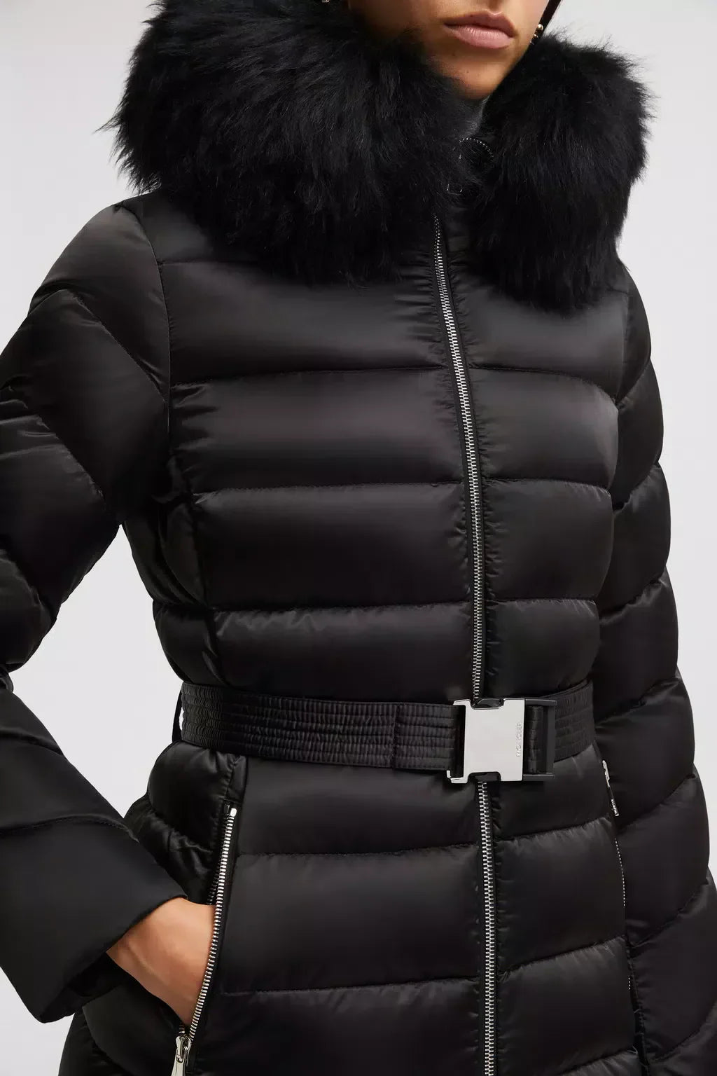 Cupidone Short Down Jacket – crafted from nylon satin Nylon lining Down-filled Hood with detachable long-haired – LUX VERSE Luxury Designer Fashion Outlet