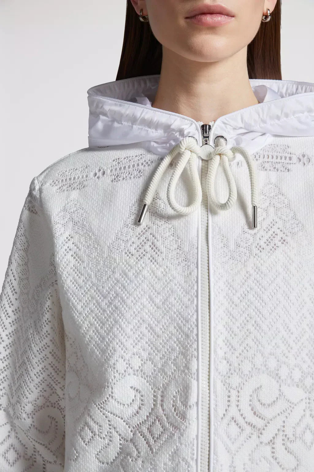 Leimone Hooded Jacket – crafted from cotton lace Nylon technique lining Adjustable hoods Zipper closure – LUX VERSE Luxury Designer Fashion Outlet