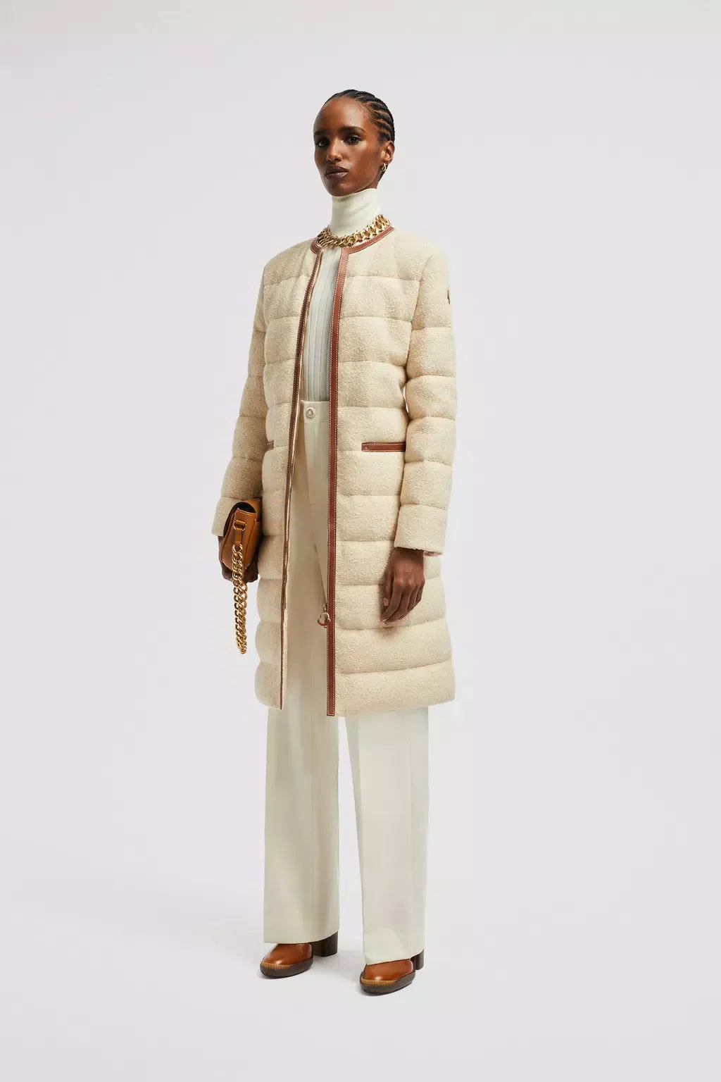 Bellette Long Down Jacket – the timeless silhouette is finished with a supple leather trim – LUX VERSE Luxury Designer Fashion Outlet