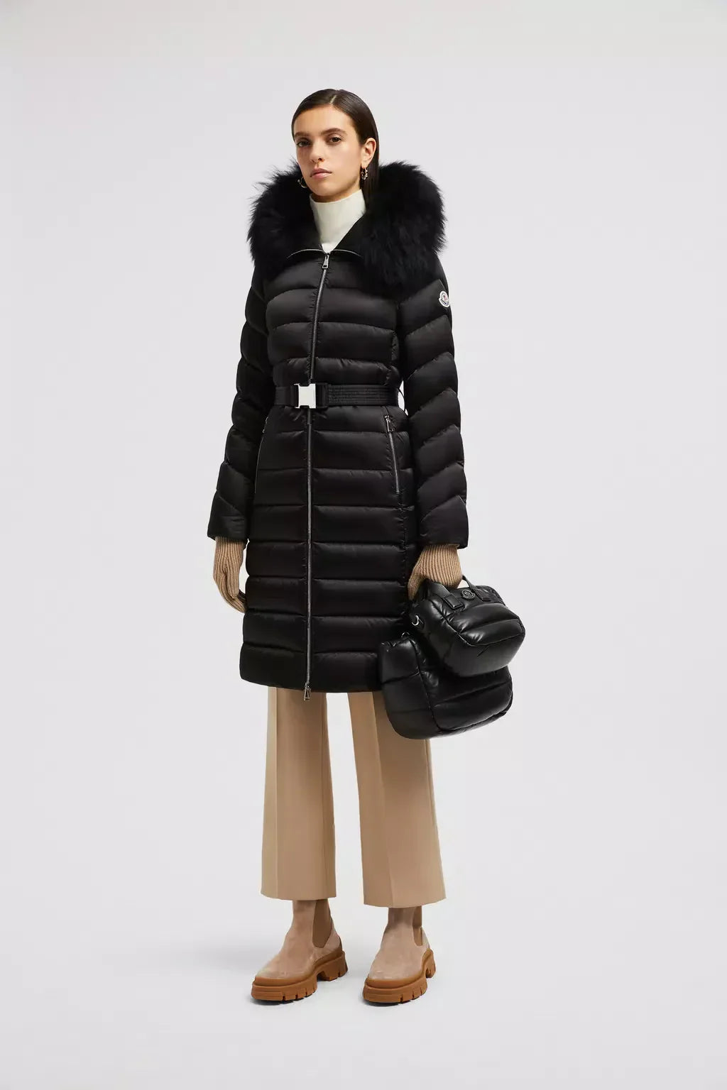 Leersie Long Down Jacket – crafted from nylon satin Nylon lining Down-filled Hood with a detachable long-haired – LUX VERSE Luxury Designer Fashion Outlet