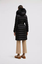 Leersie Long Down Jacket – crafted from nylon satin Nylon lining Down-filled Hood with a detachable long-haired – LUX VERSE Luxury Designer Fashion Outlet