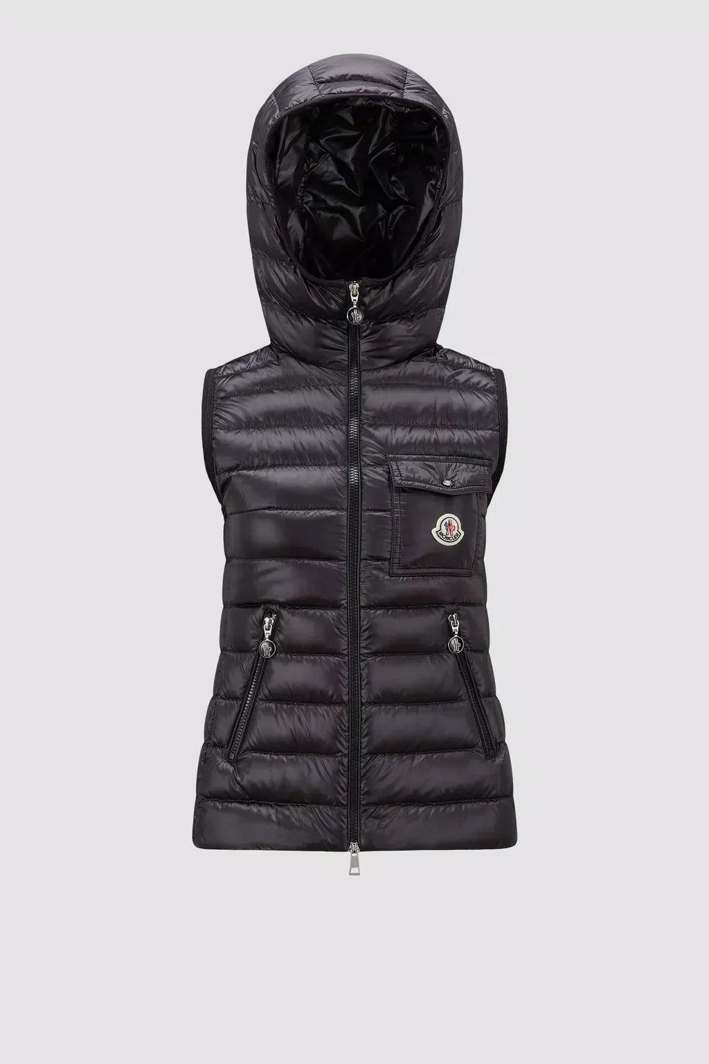 Glygos Down Vest – crafted from longue saison, the hooded vest is embellished with a classic patch – LUX VERSE Luxury Designer Fashion Outlet