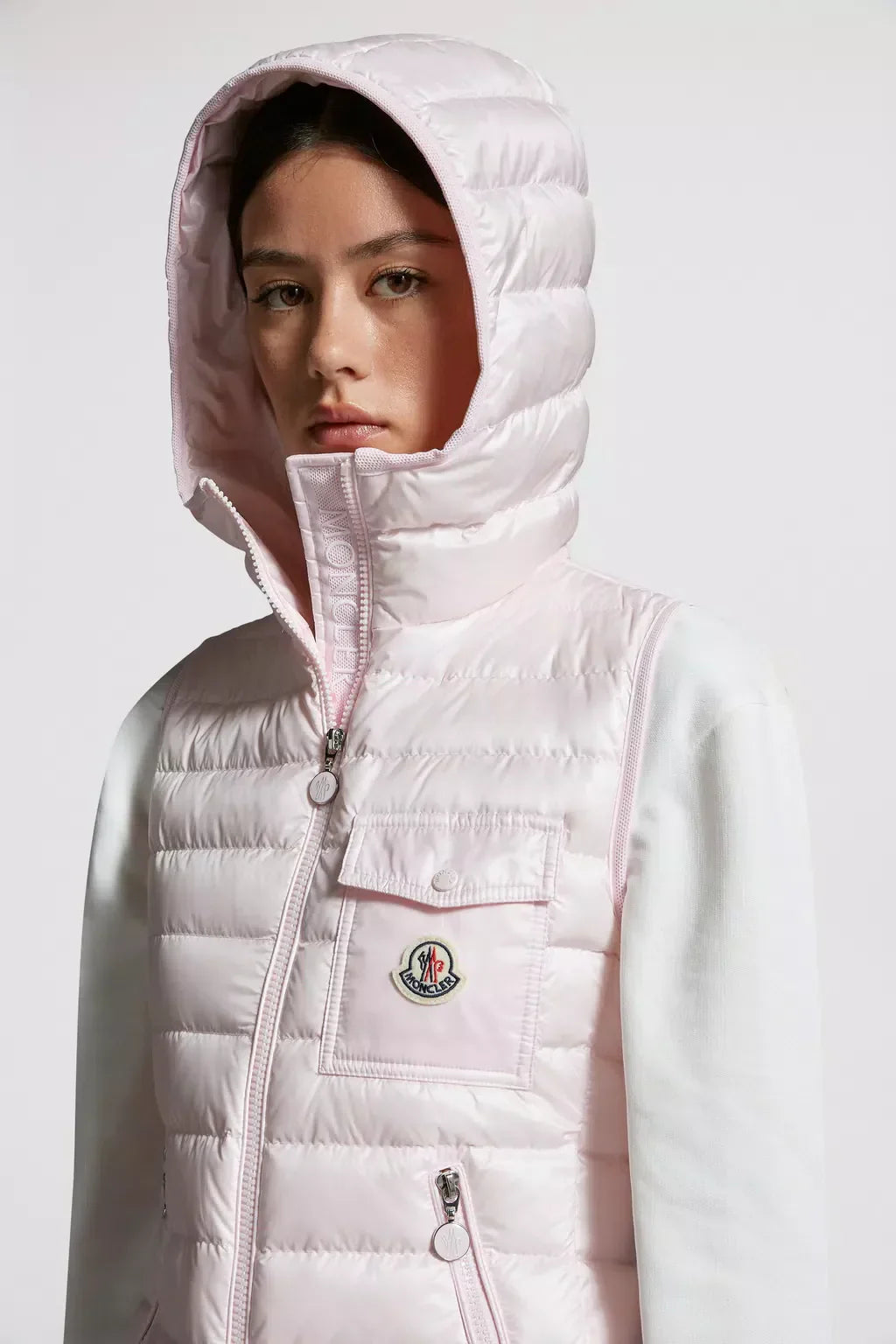 Glygos Down Vest – crafted from longue saison, the hooded vest is embellished with a classic patch – LUX VERSE Luxury Designer Fashion Outlet