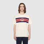 Interlocking G stripe print T-shirt – washed heavy cotton jersey Blue and red stripes with Interlocking G print – LUX VERSE Luxury Designer Fashion Outlet