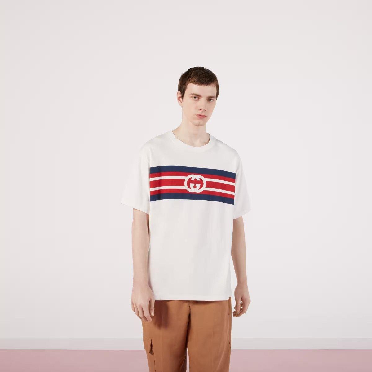 Interlocking G stripe print T-shirt – a playful take on House codes, blue and red stripes reminiscent of the classic Web – LUX VERSE Luxury Designer Fashion Outlet