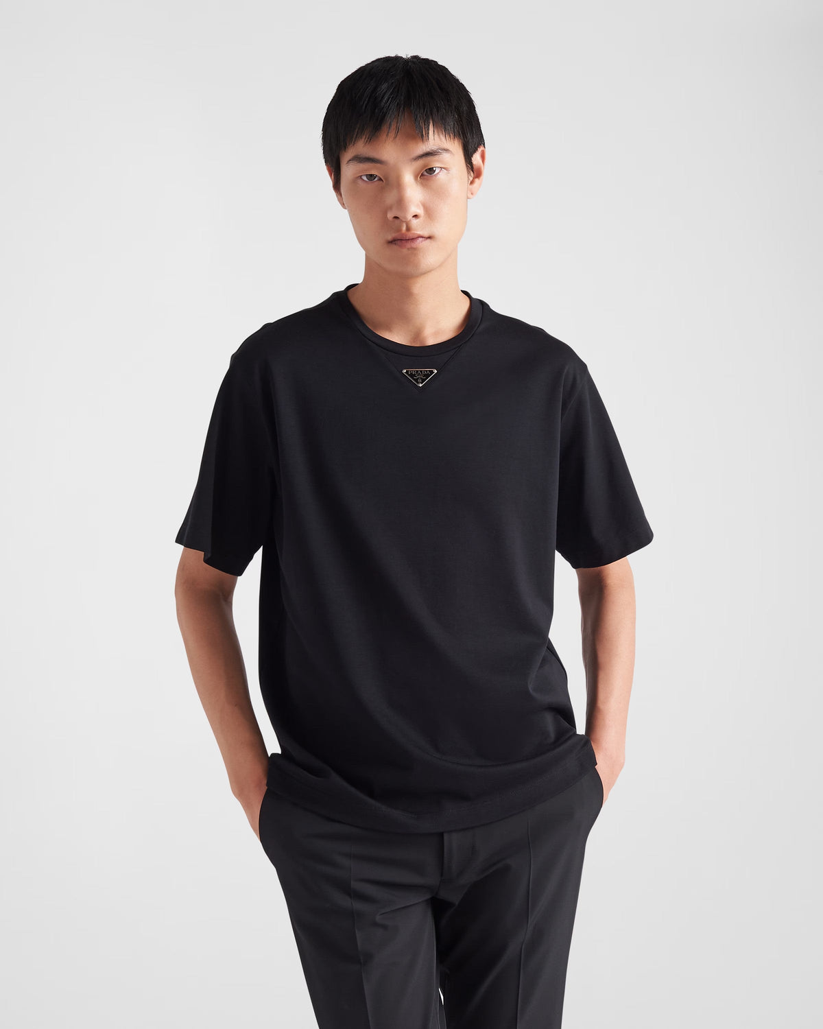 Men Casual Cotton Short Sleeve – the garment is decorated with the iconic enameled metal triangle logo on the front – LUX VERSE Luxury Designer Fashion Outlet