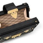 Vuitton Petite Malle – the magnetic S-lock is a light golden color as is the rest of the hardware detailing – LUX VERSE Luxury Designer Fashion Outlet
