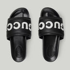Men's slide sandal – black and white leather Men's script Rubber sole Flat.4"height – LUX VERSE Luxury Designer Fashion Outlet