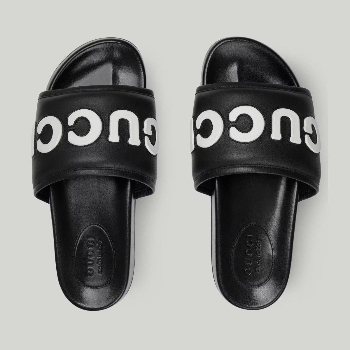 Men's slide sandal – black and white leather Men's script Rubber sole Flat.4"height – LUX VERSE Luxury Designer Fashion Outlet