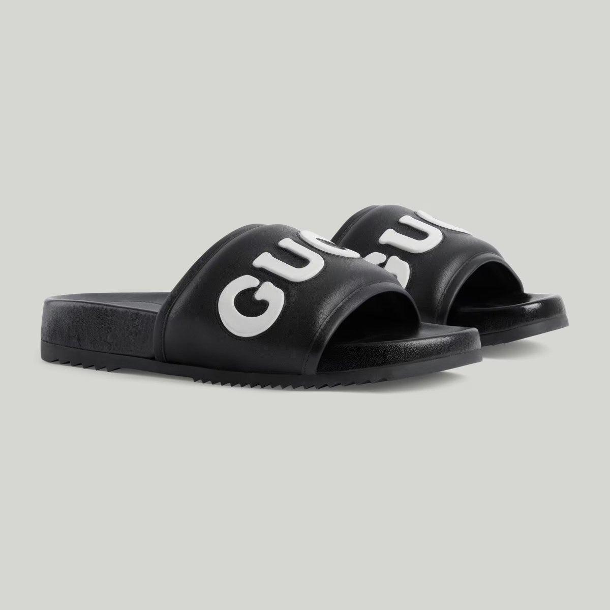 Men's slide sandal – black and white leather Men's script Rubber sole Flat.4"height – LUX VERSE Luxury Designer Fashion Outlet