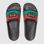 Men's Interlocking G slide sandal – red and green Interlocking G striped rubber and black footbed Men's Rubber sole Flat – LUX VERSE Luxury Designer Fashion Outlet