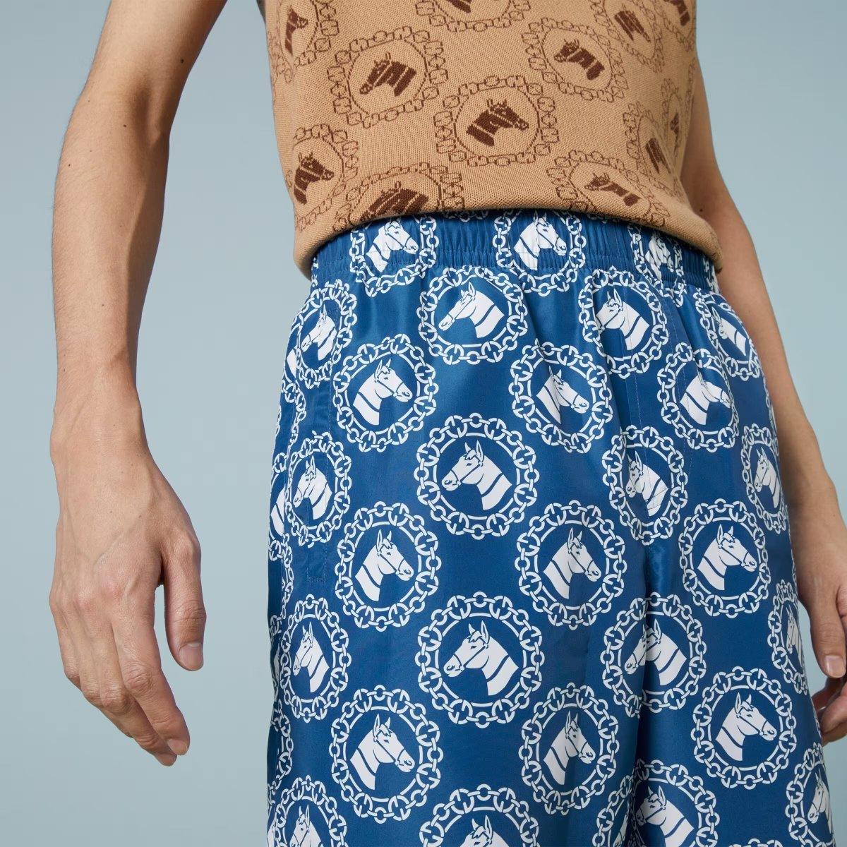 Nylon equestrian print swim shorts – crafted from blue and ivory nylon, this pair of swim shorts features an equestrian – LUX VERSE Luxury Designer Fashion Outlet