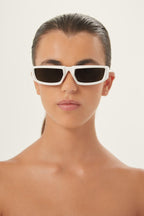Runway wrap around white sunglasses – cinŽma styles to square Monochrome symbol frames – LUX VERSE Luxury Designer Fashion Outlet