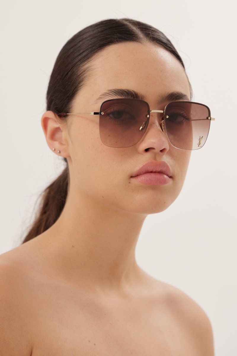 Gold squared metal sunglasses – eXTREMELY LIGHTWEIGHT METAL STYLE CONTRASTING THE BOLD YSL LOGO POSITIONED ON – LUX VERSE Luxury Designer Fashion Outlet