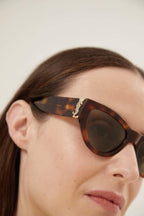 Havana almond shape featuring bold YSL logo – a STRONG FEMININE CAT-EYE SHAPE, THE EVOLUTION OF THE MONOGRAM ACETATE IN A BOLDER – LUX VERSE Luxury Designer Fashion Outlet