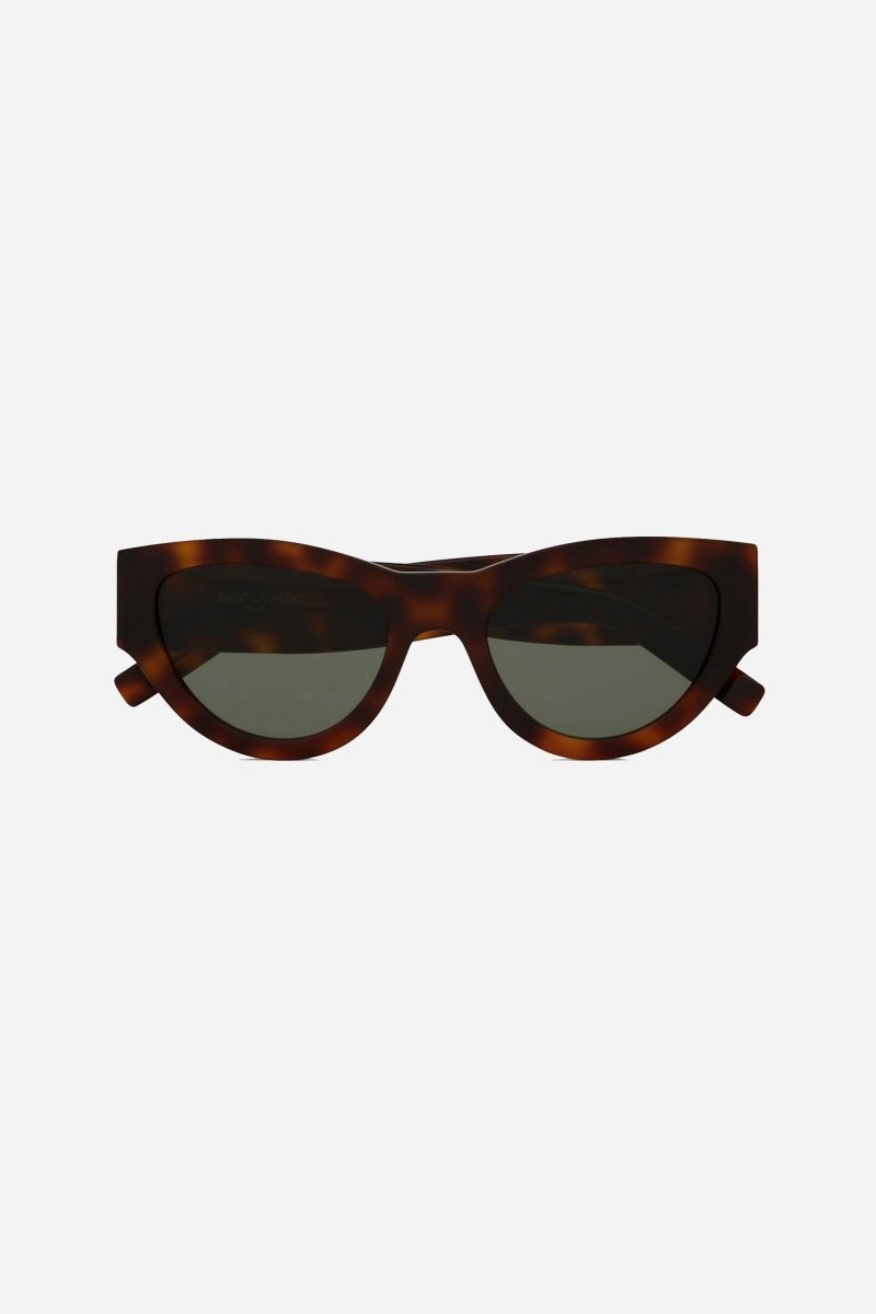 Havana almond shape featuring bold YSL logo – a STRONG FEMININE CAT-EYE SHAPE, THE EVOLUTION OF THE MONOGRAM ACETATE IN A BOLDER – LUX VERSE Luxury Designer Fashion Outlet