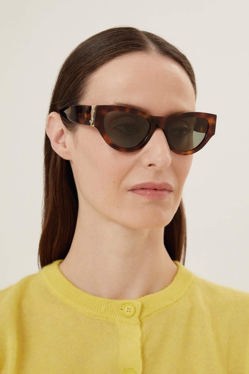 Havana almond shape featuring bold YSL logo – tHE MYTHIC YSL SIGNATURE IS INTEGRATED AS AN HINGE DETAIL AND MADE HIGHLY VISIBLE ON – LUX VERSE Luxury Designer Fashion Outlet