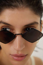 Metal rombo shape sunglasses – featuring playful feminine shape with grey lenses and black metal – LUX VERSE Luxury Designer Fashion Outlet