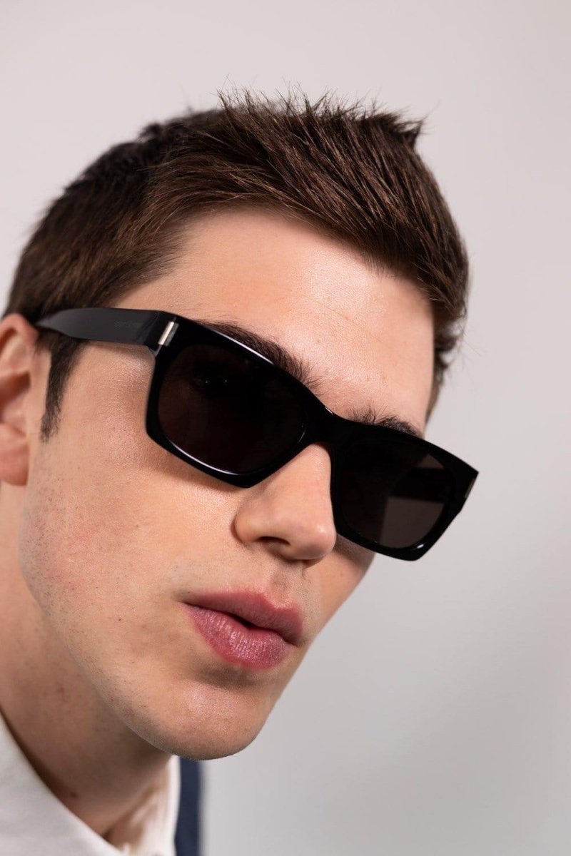 Rectangular sharp black sunglasses – this styles features bold profiles and thick acetate in front and temple side – LUX VERSE Luxury Designer Fashion Outlet