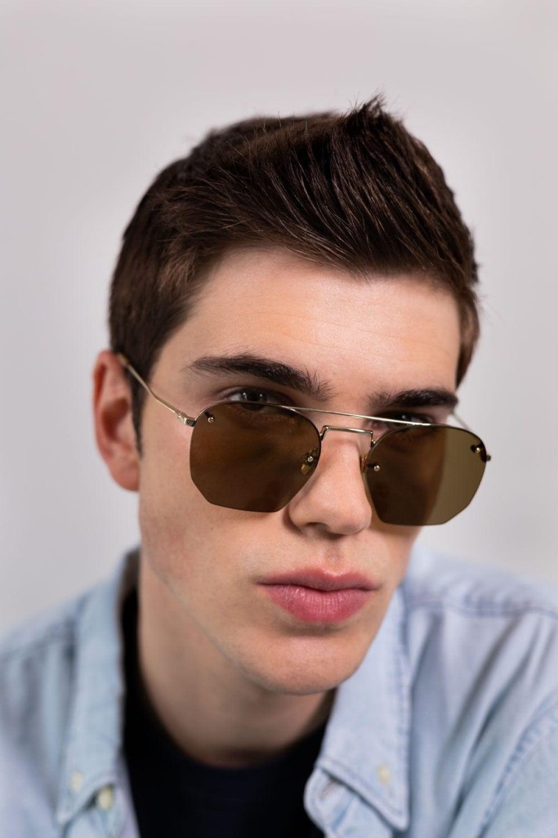 Rimless metal sytle gold brown sunglasses – rimless metal style with peculiar lens shape featured in SS21 men – LUX VERSE Luxury Designer Fashion Outlet